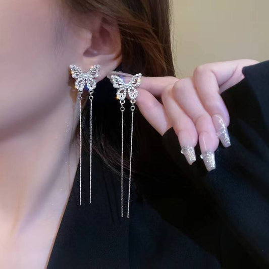 High-End Long Butterfly Pearl Zircon Tassel Earrings
