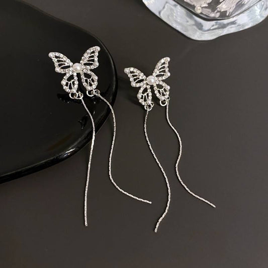 High-End Long Butterfly Pearl Zircon Tassel Earrings