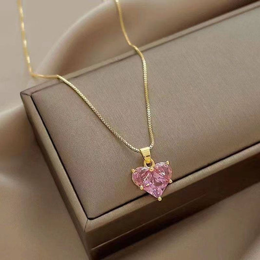 Romantic Pink Heart Zircon Pendant Necklace
